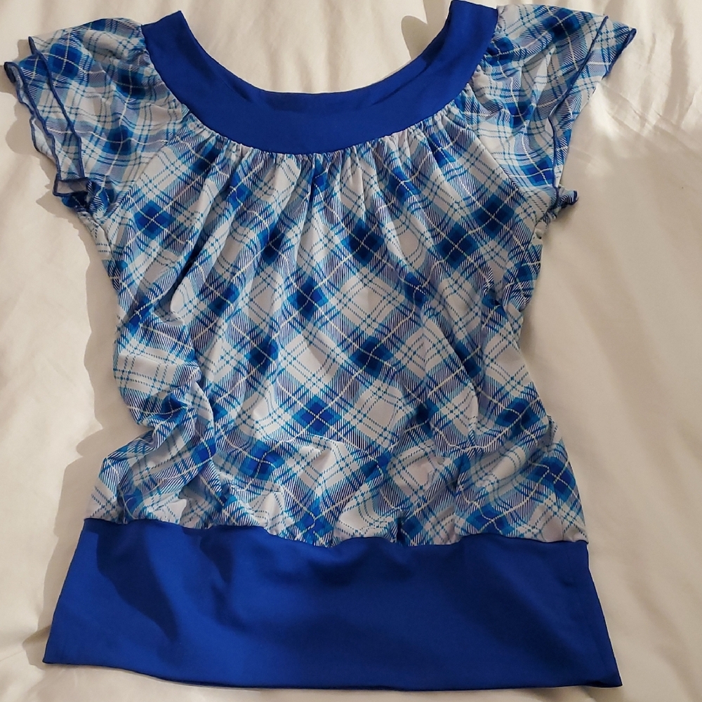 Chic Blue and White Plaid Blouse, Stretchy